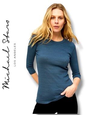 Michael Stars Dora 3/4 Sleeve Shine Tee OSFM in teal blue